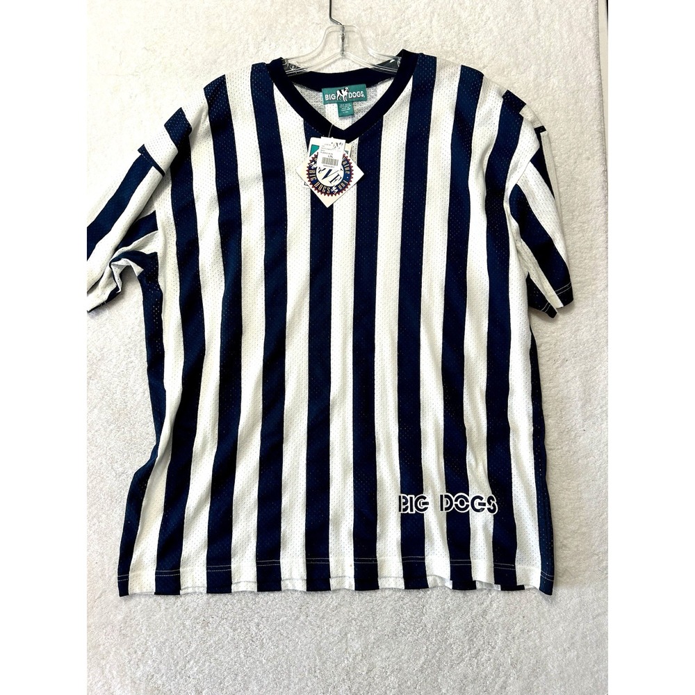Vintage Big Dogs Vertical Stiped V-Neck L/XL White/Navy Referee Shirt (I3)